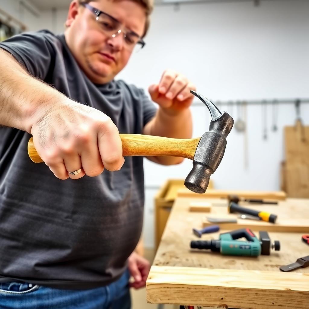 Person with safety glasses hammering a nail with proper grip in a workshop.
