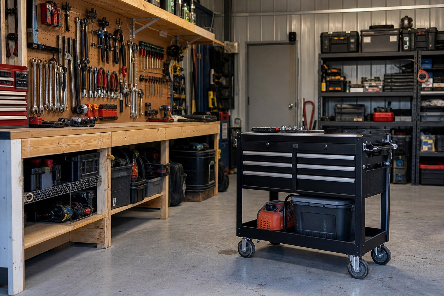 Professional garage tool shed with rolling cart and labeled storage