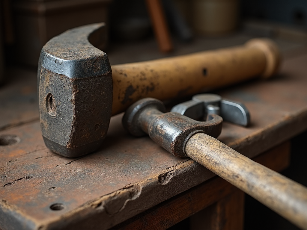 Old hammer next to a modern tool on a workbench, worn but rust-free.