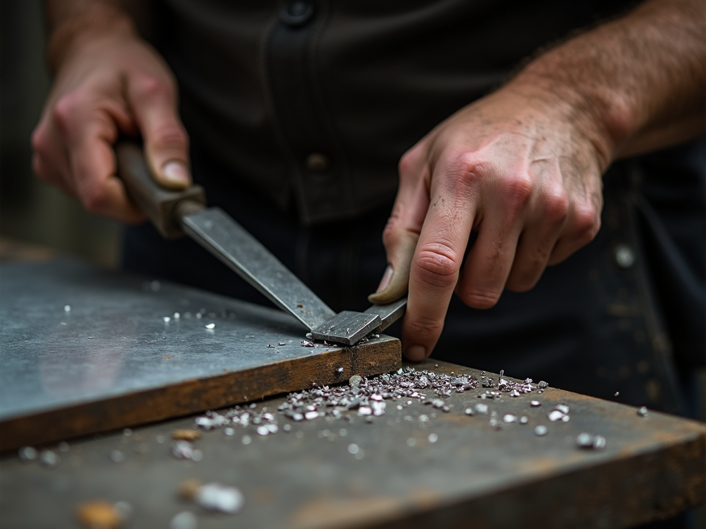 A metalworker filing the edge of a metal plate