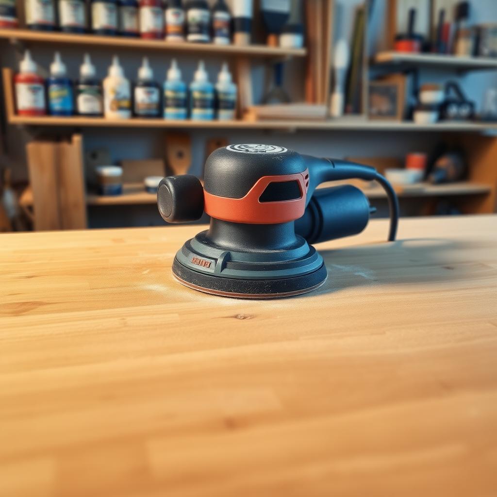 Random orbital sander on a smooth wooden surface in a woodworking workshop.
