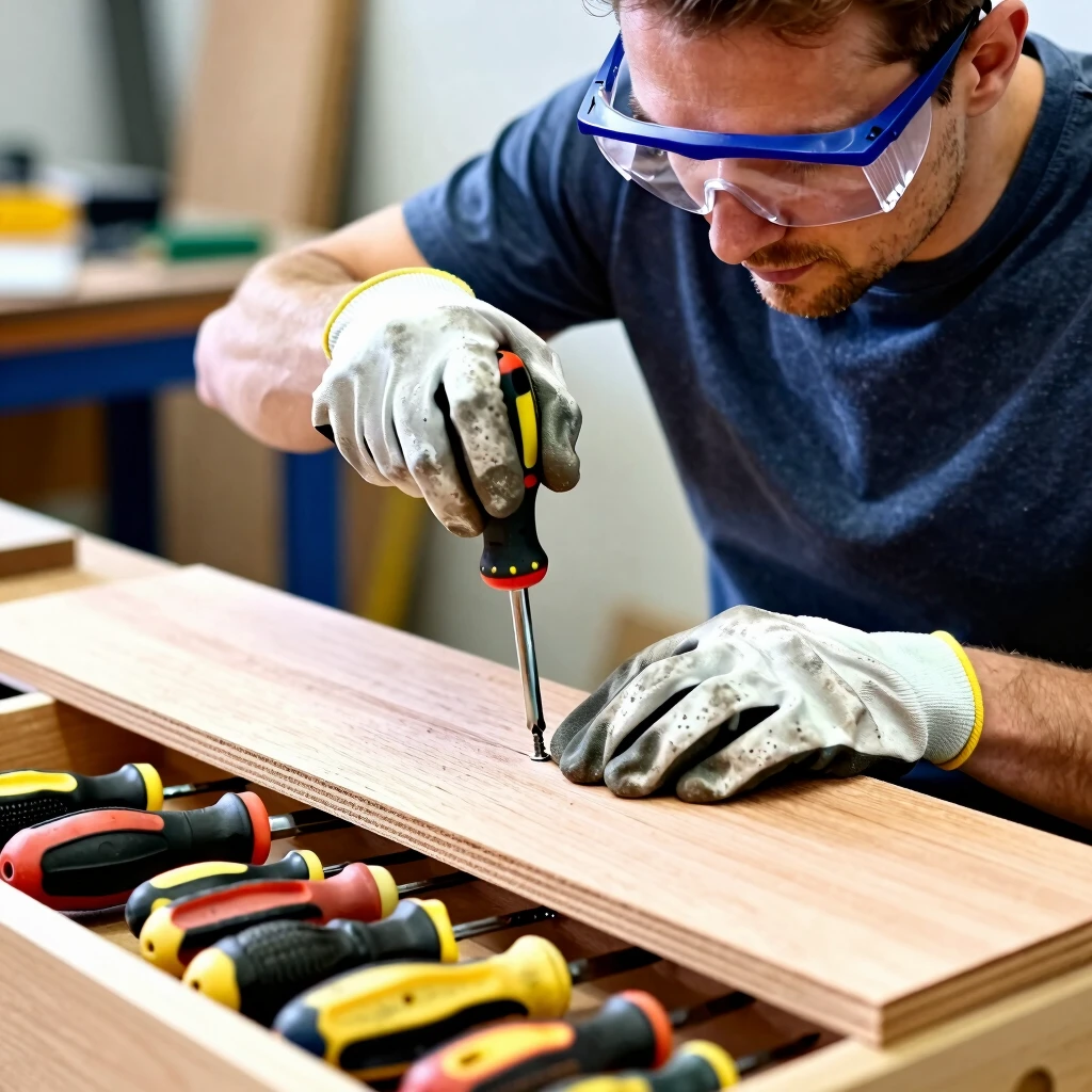 Beginner using screwdriver safely on workbench