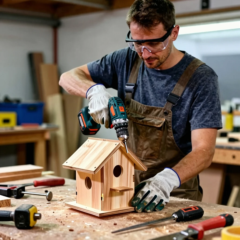 Beginner assembling a wooden birdhouse using a cordless drill in a home workshop