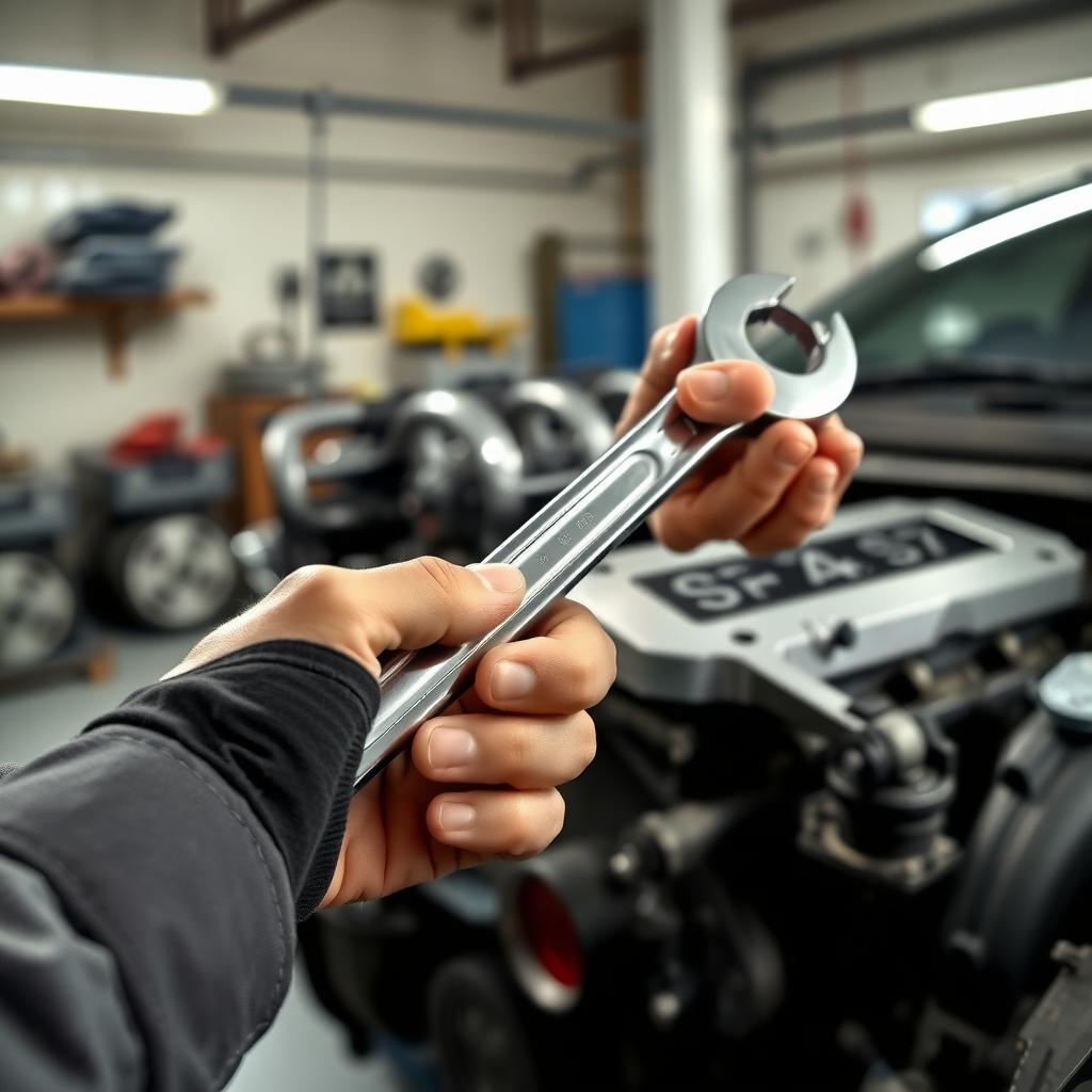 Mechanic’s hands using a chrome-vanadium wrench on a car engine.