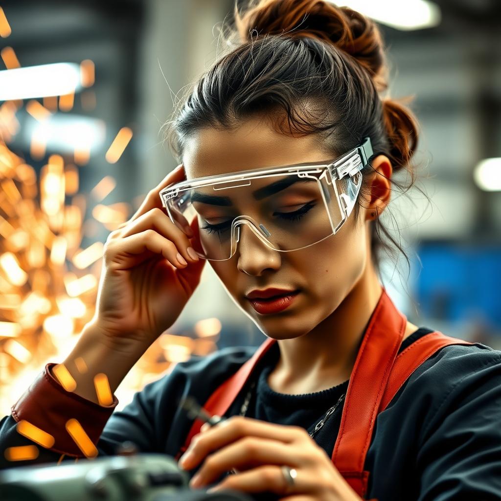 Factory worker putting on safety goggles before grinding.
