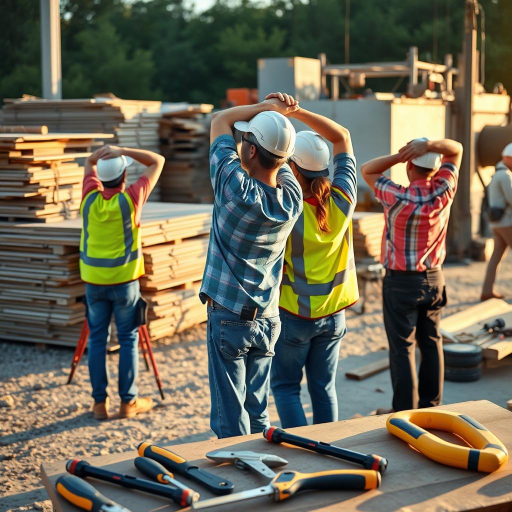 Construction workers stretching during a break near ergonomic tools on a construction site.