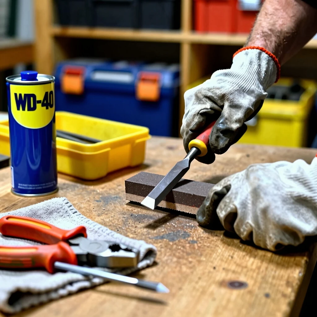 Hands maintaining workshop tools by sharpening and oiling