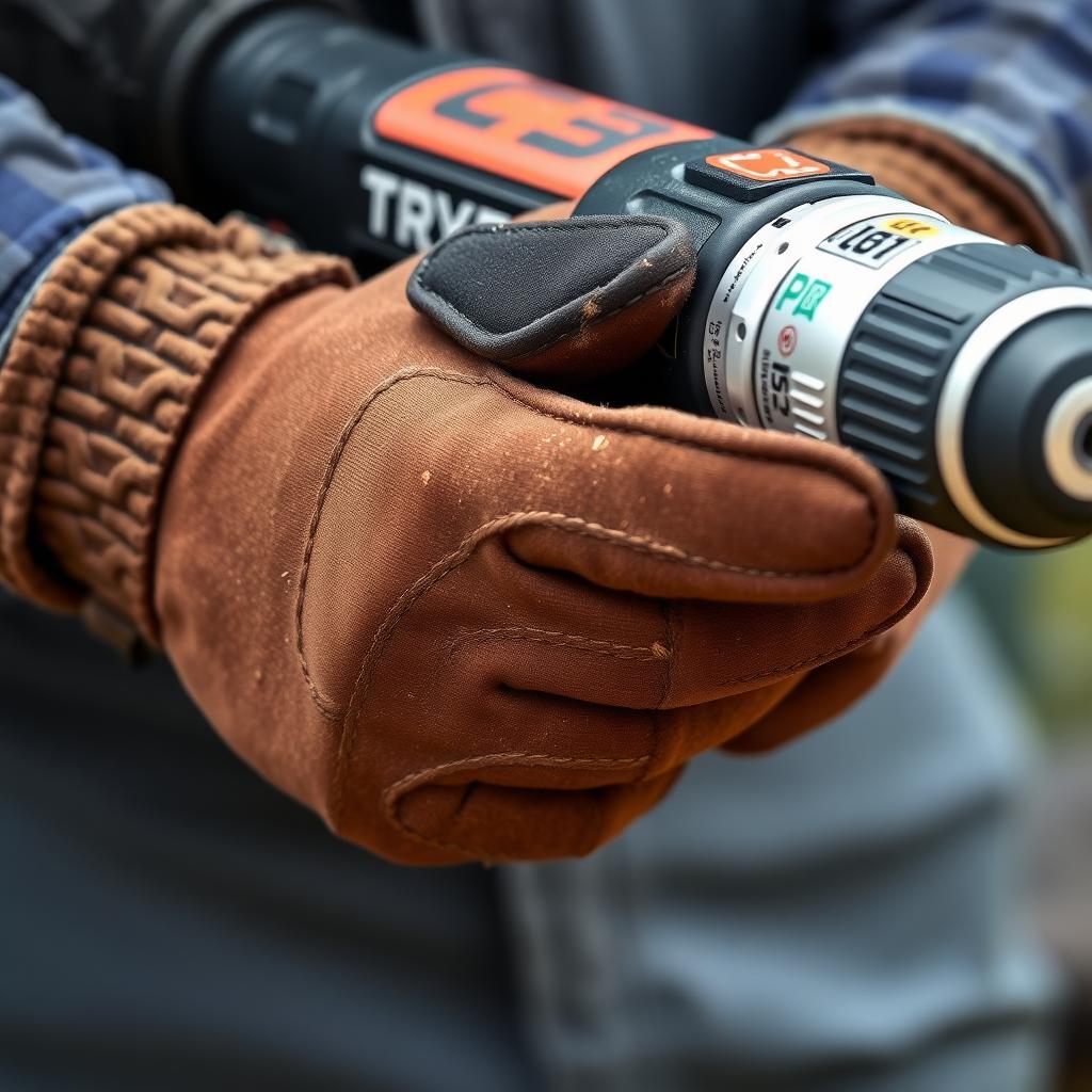 Worker using a drill with protective gloves.