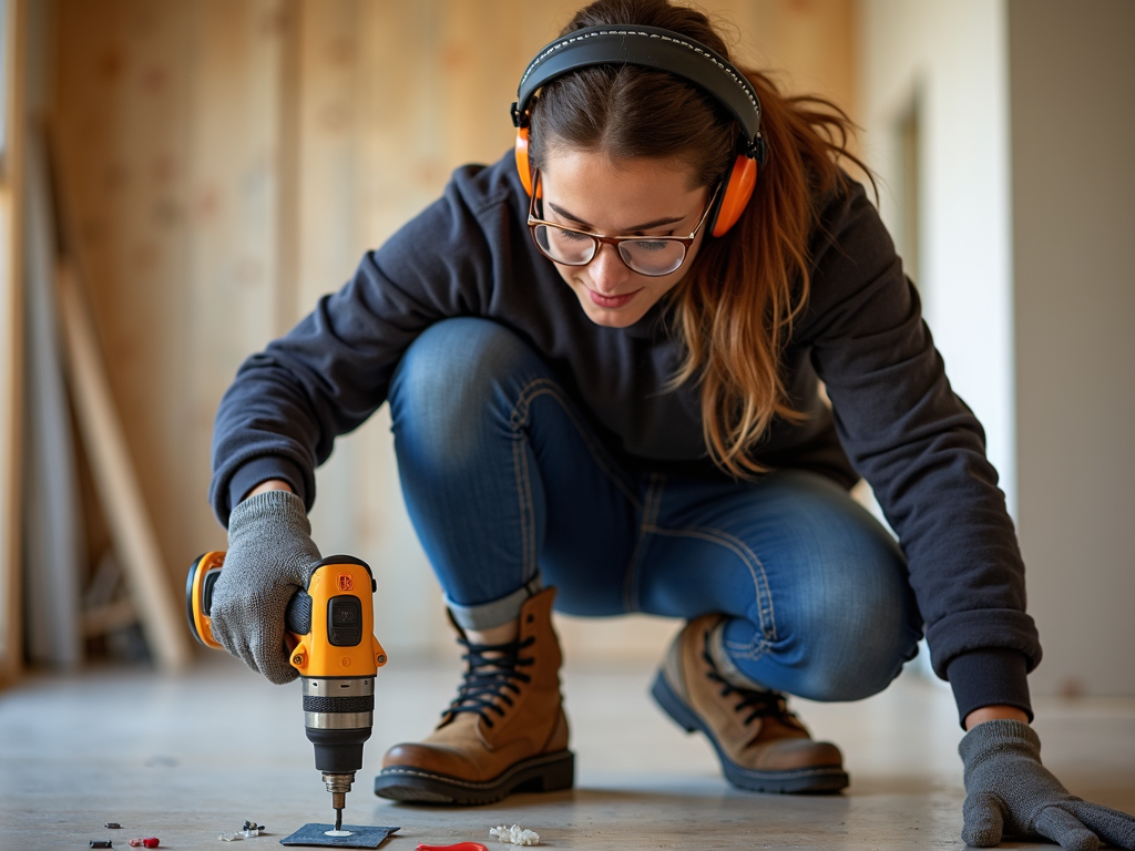 Fully equipped person using a power drill