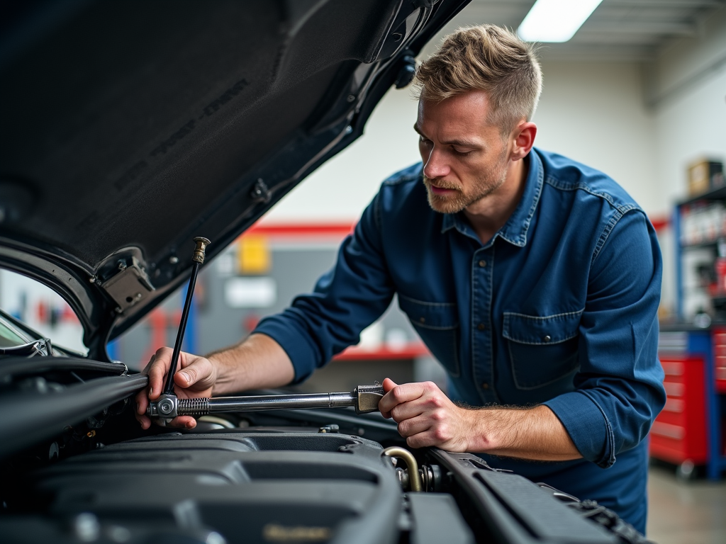 Mechanic using a torque wrench on a car engine