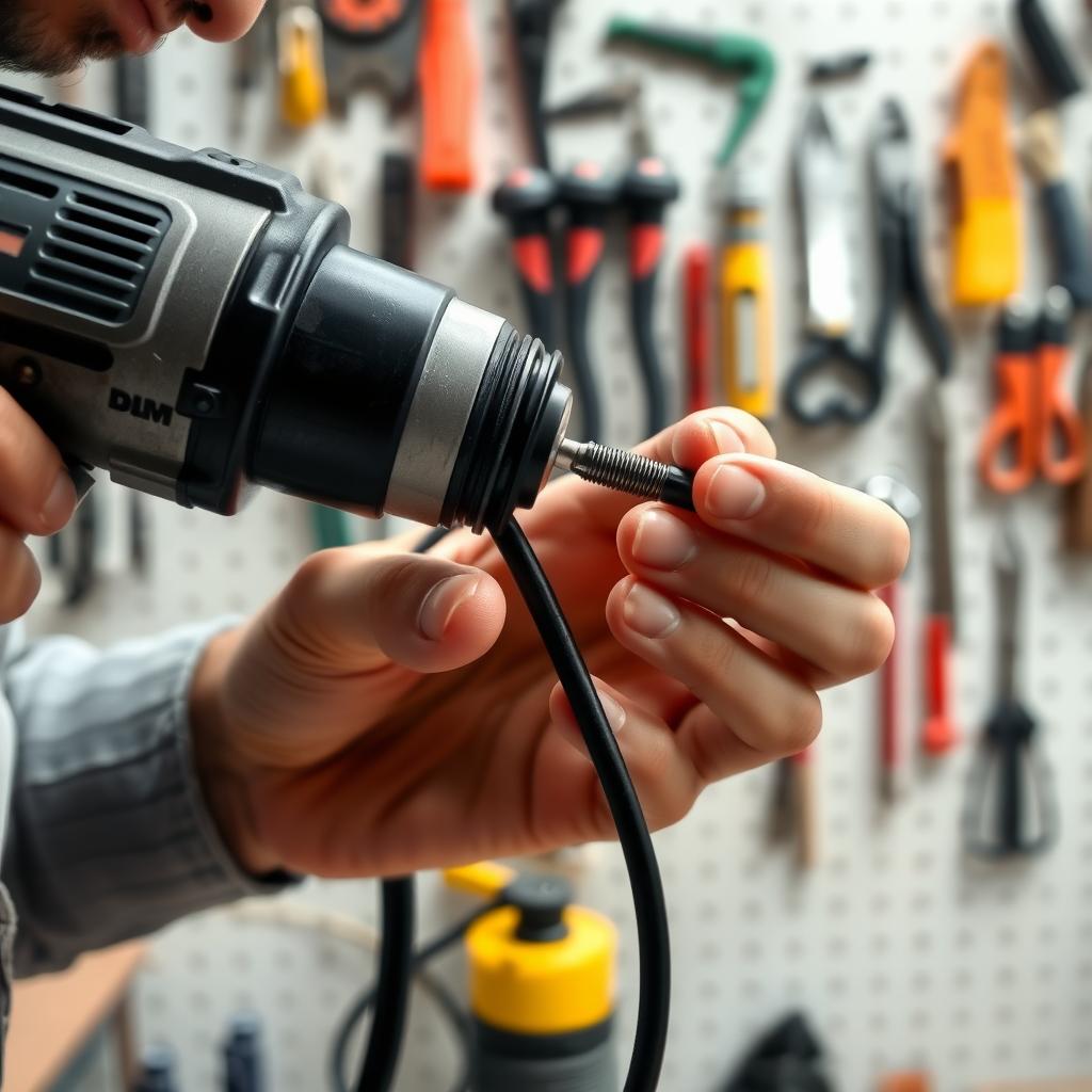 A person examining a power drill for wear in a workshop.
