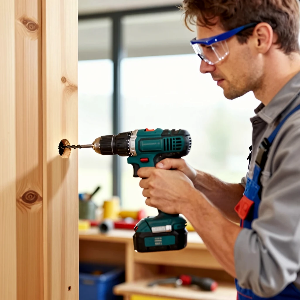 DIY enthusiast drilling a hole in wood with power drill attachment