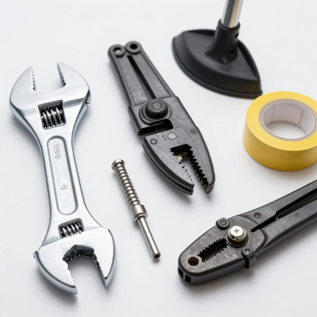 Essential workman tools for plumbing laid out neatly