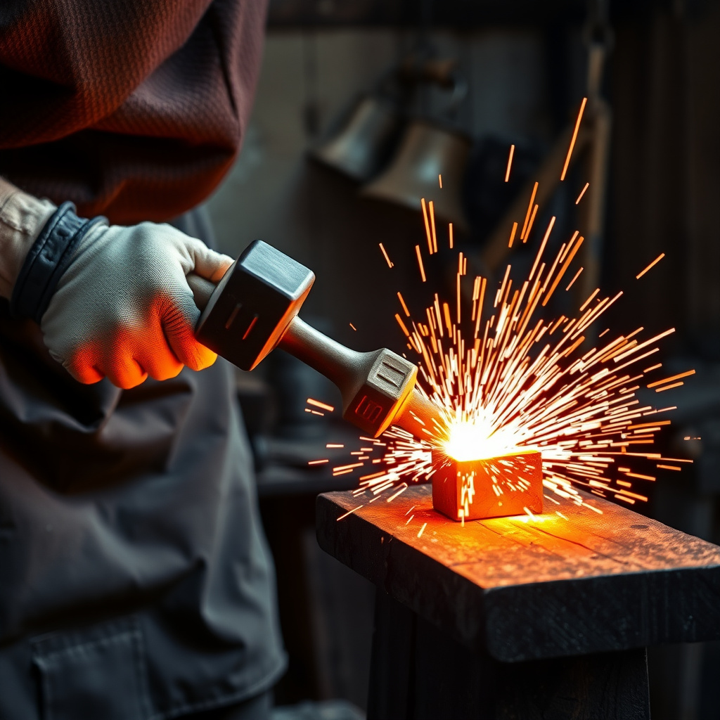 Skilled artisan using striking workman tools for metalworking