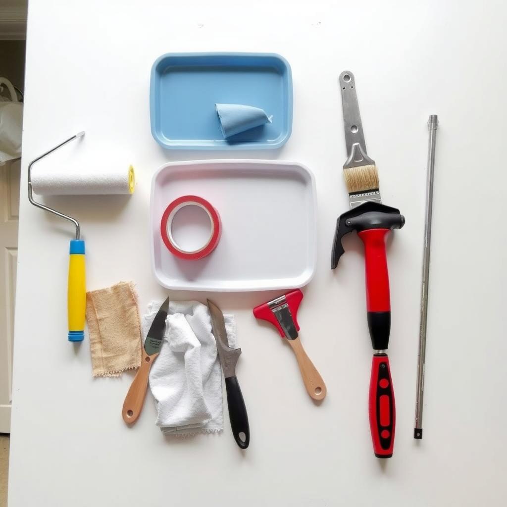 Table with essential painting tools arranged for a wall painting project.