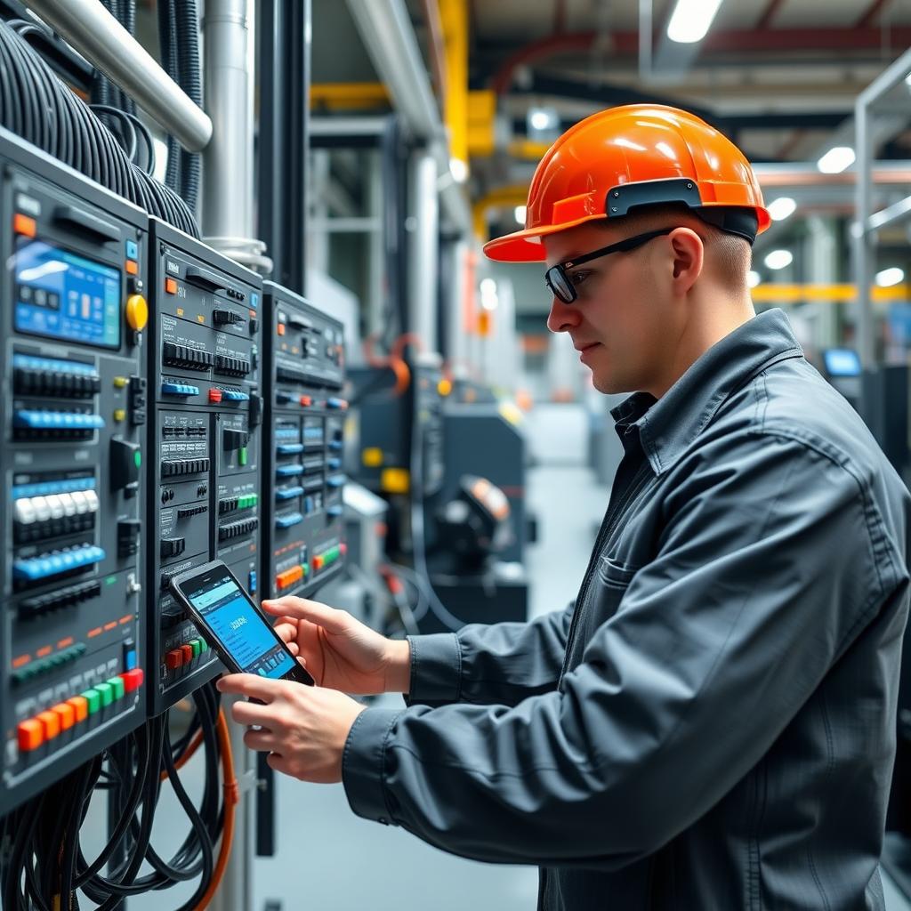 Worker programming a PLC in an automated factory.