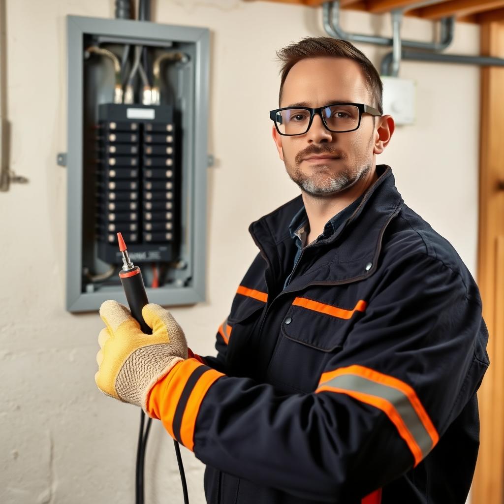 Electrician in PPE with a voltage tester near a circuit breaker panel.