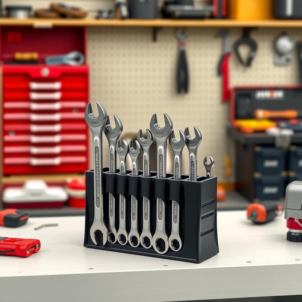 A wrench organizer with combination wrenches on a workshop shelf, surrounded by a toolbox and tools.