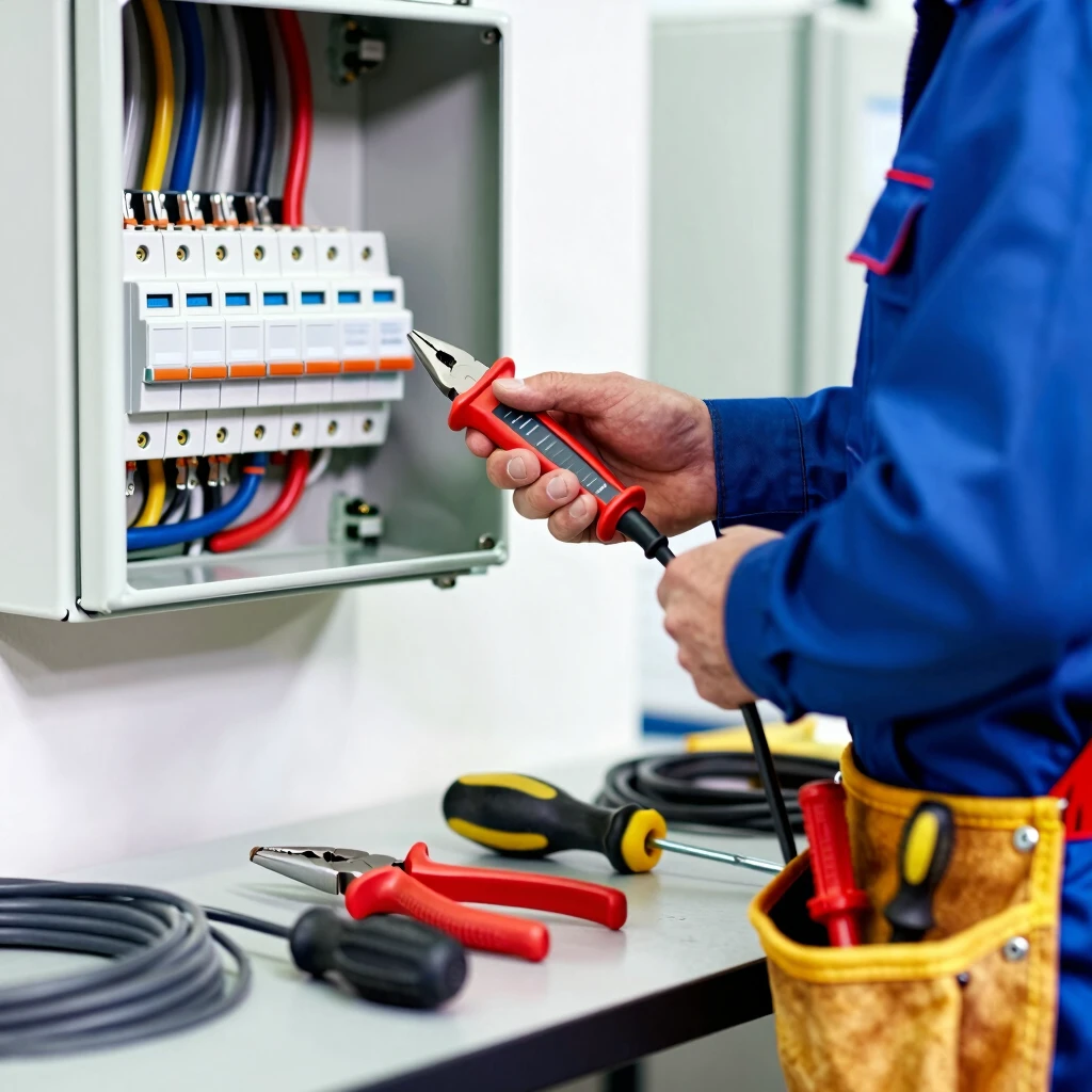 Electrician checking voltage with essential workman tools