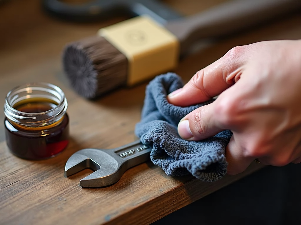 Wiping a wrench clean with a cloth