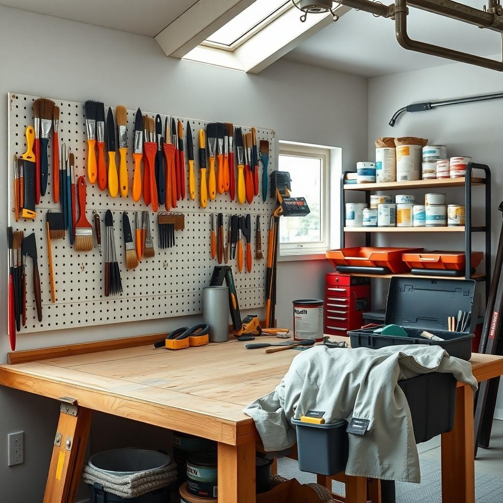 A neatly organized painter’s workbench with paintbrushes on a pegboard, stacked paint cans, and a labeled toolbox in a well-lit garage.