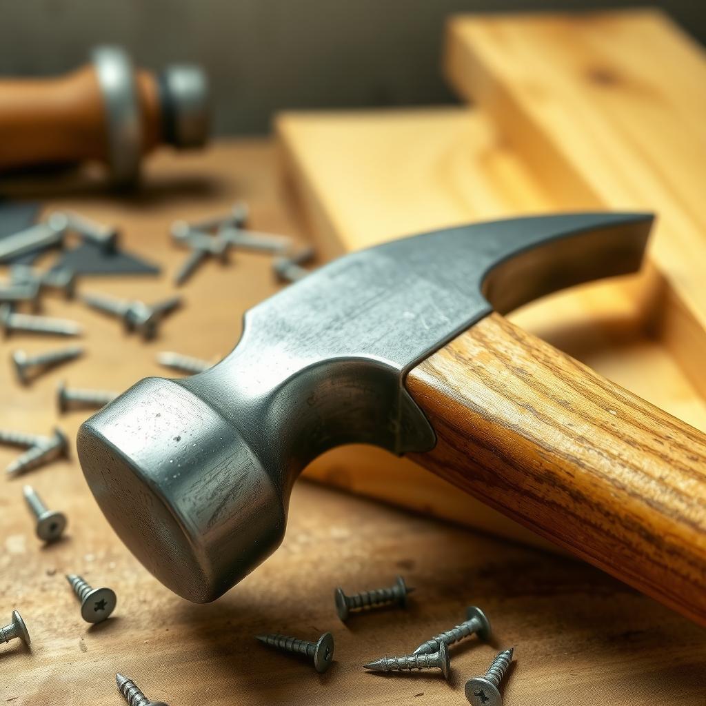 Close-up of a claw hammer on a workbench with nails and wood in the background