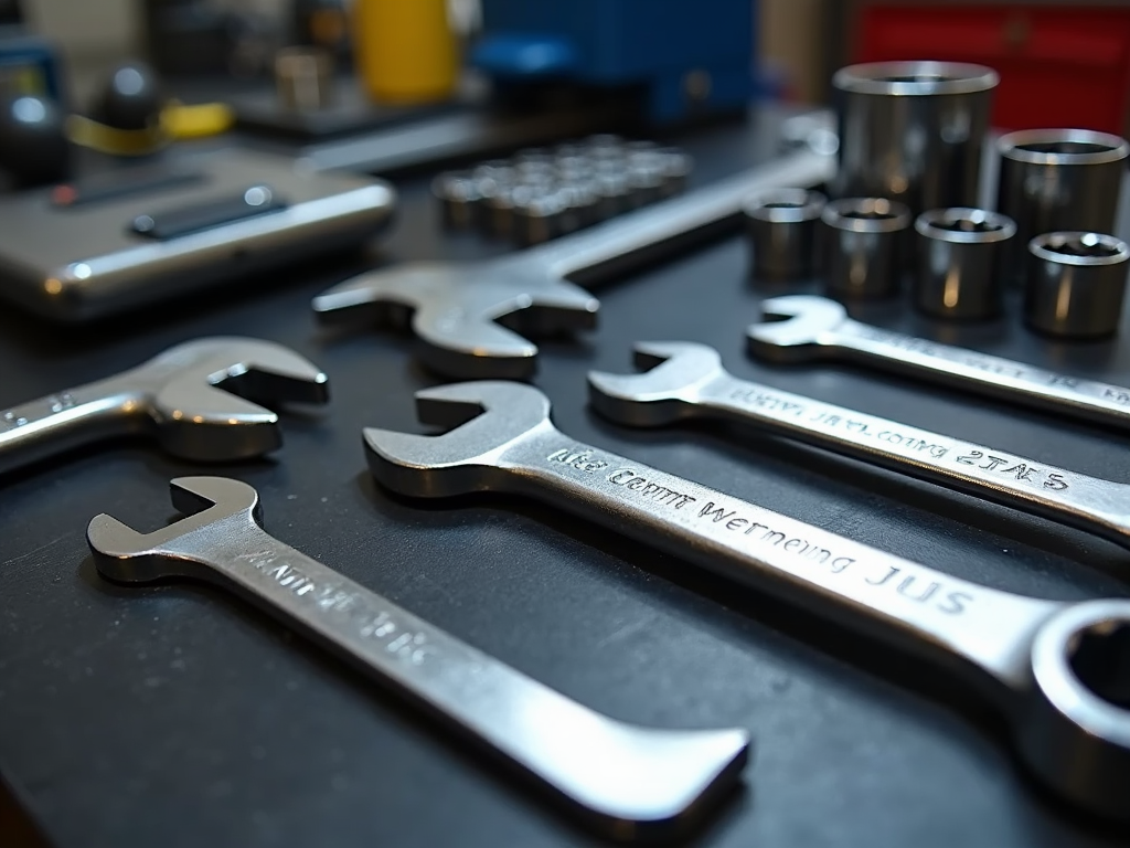 A well-organized workbench with essential wrenches for beginner mechanics.