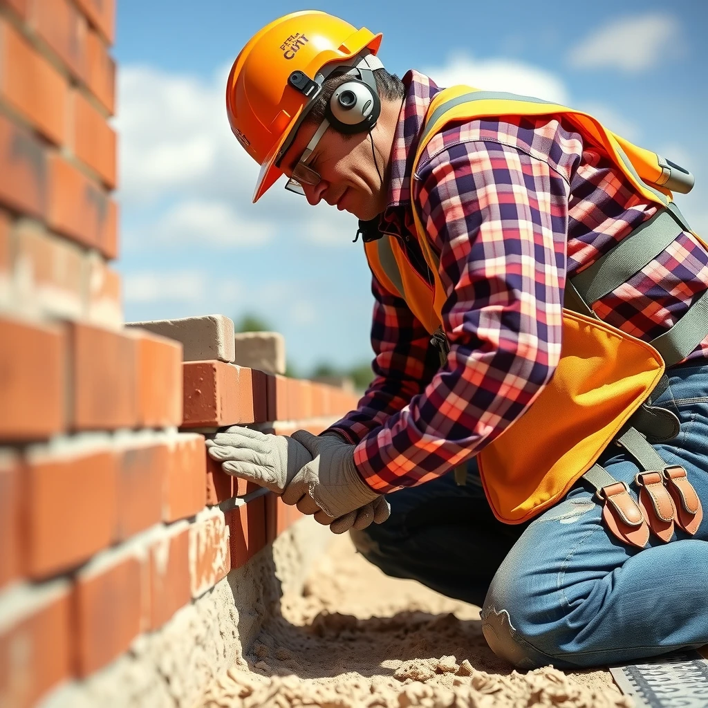 Professional mason spreading mortar with a trowel on bricks