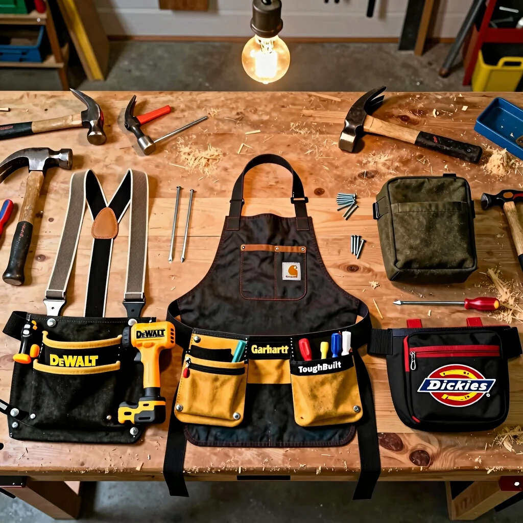 Assortment of ShopSavvy's top tool belts arranged on a workbench