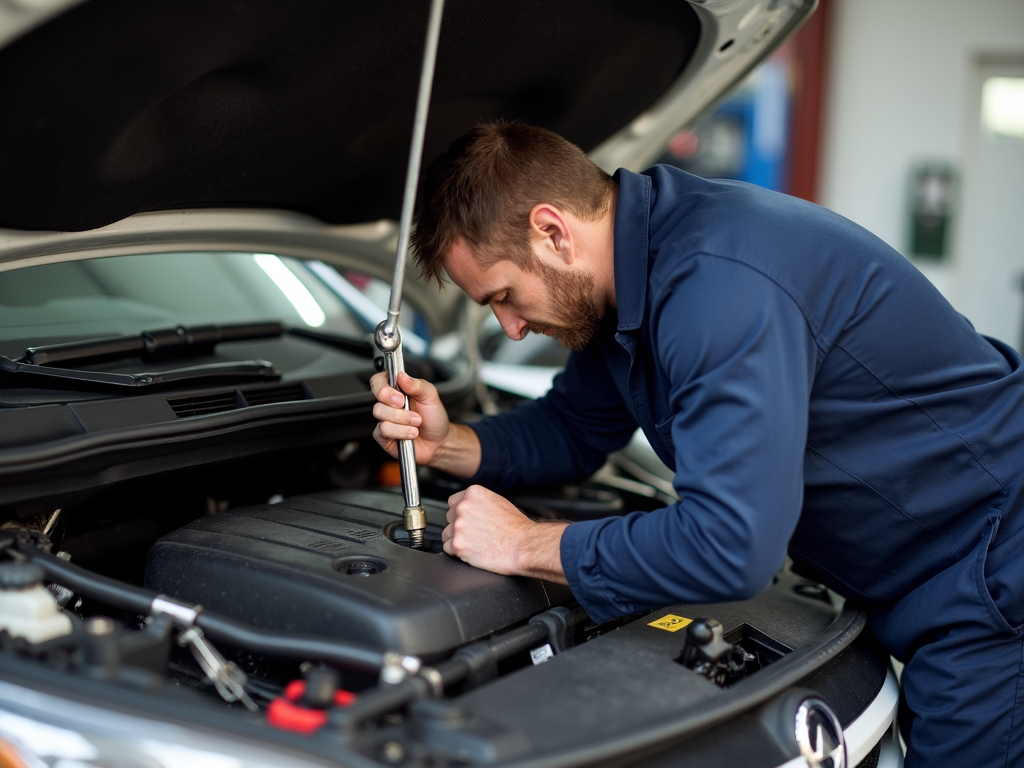 Mechanic securing a bolt under a car hood
