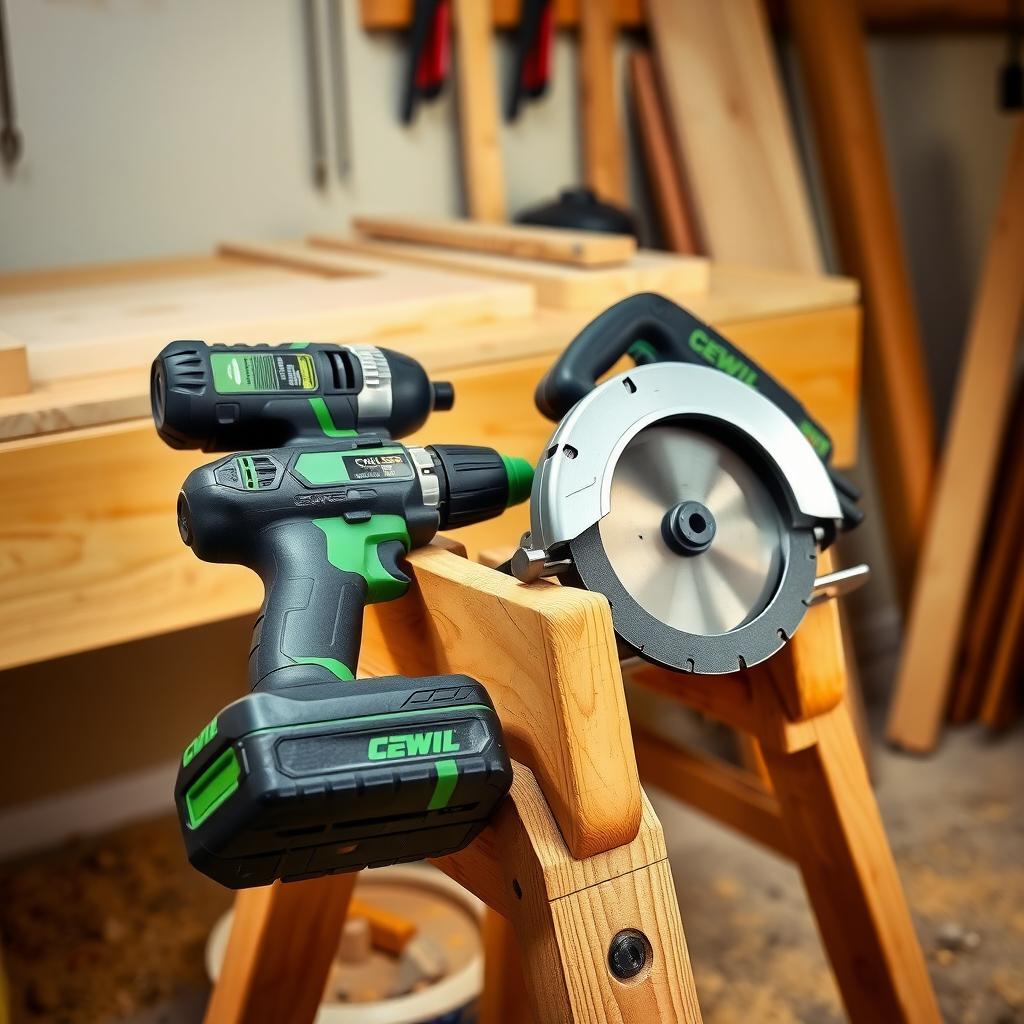 Cordless drill and circular saw on a sawhorse in a workshop.