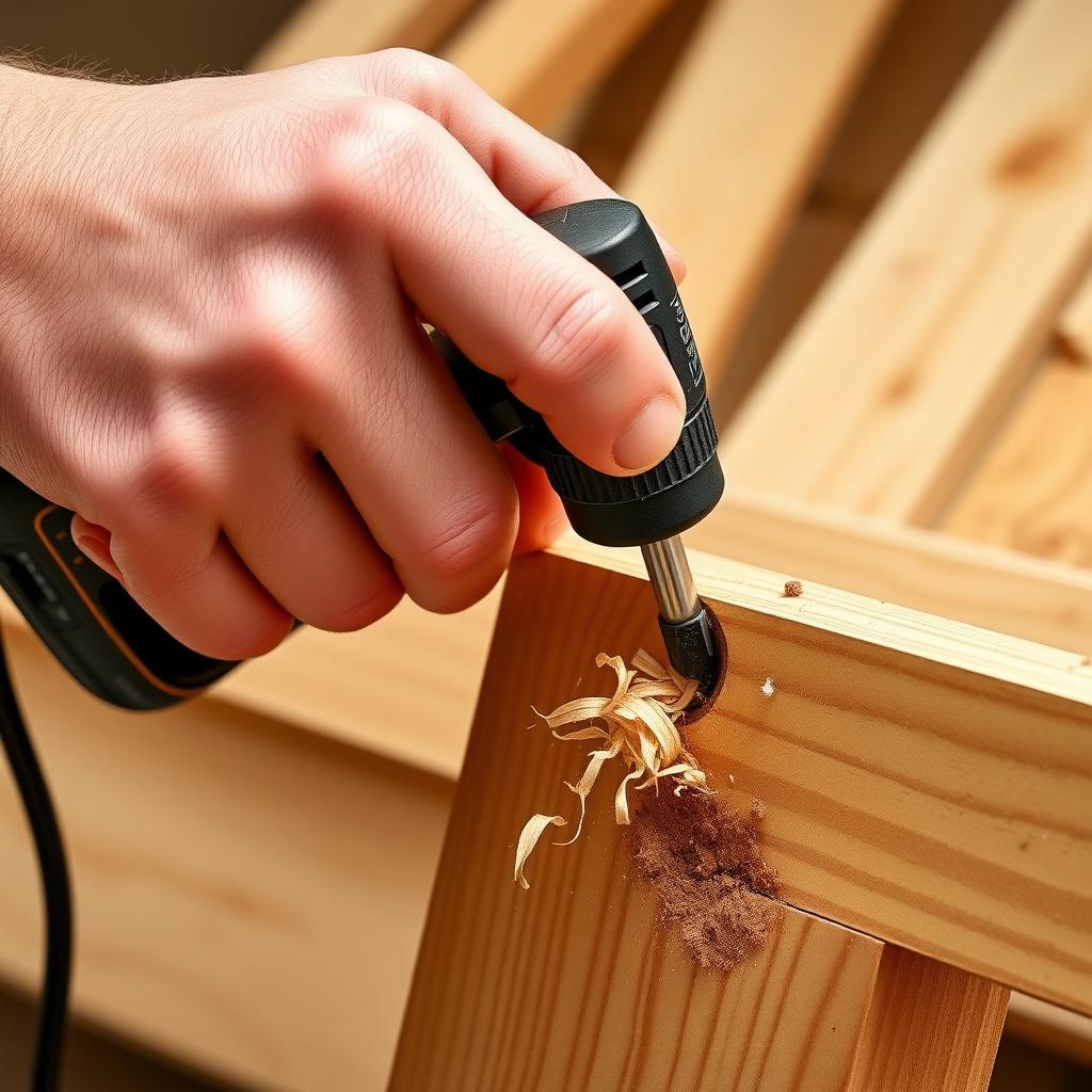 A beginner drilling into pine wood with a cordless drill