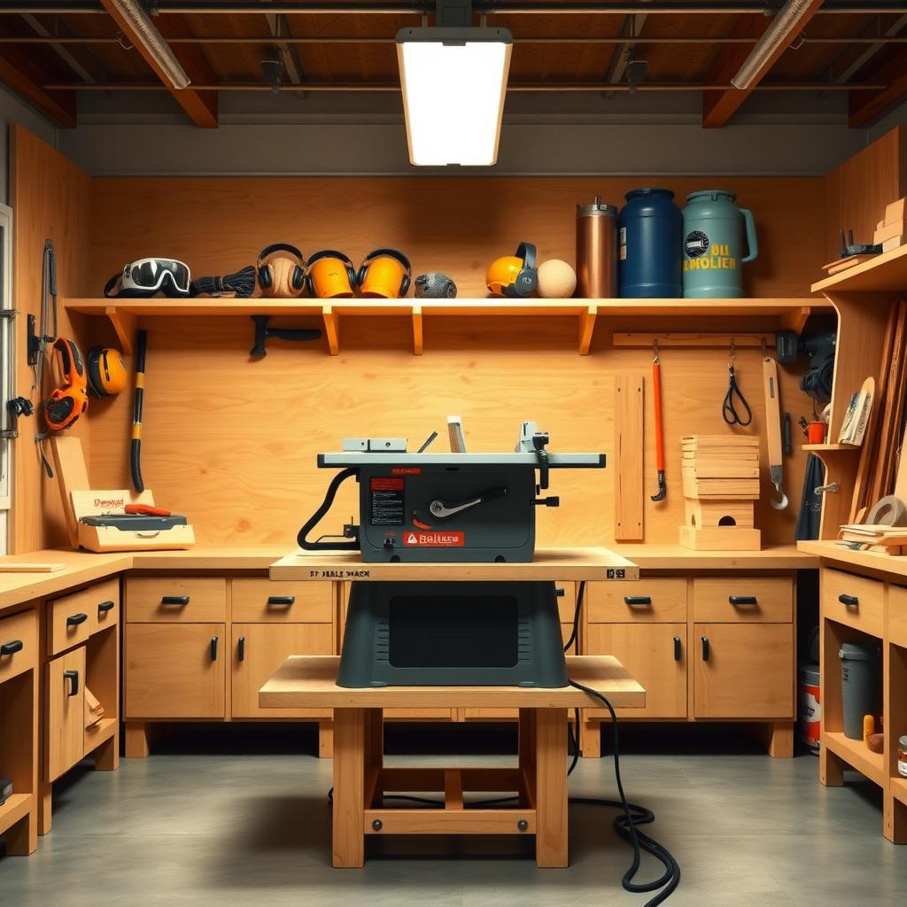 Organized woodworking shop with a table saw, safety gear on a shelf, and a clean, well-lit workspace.