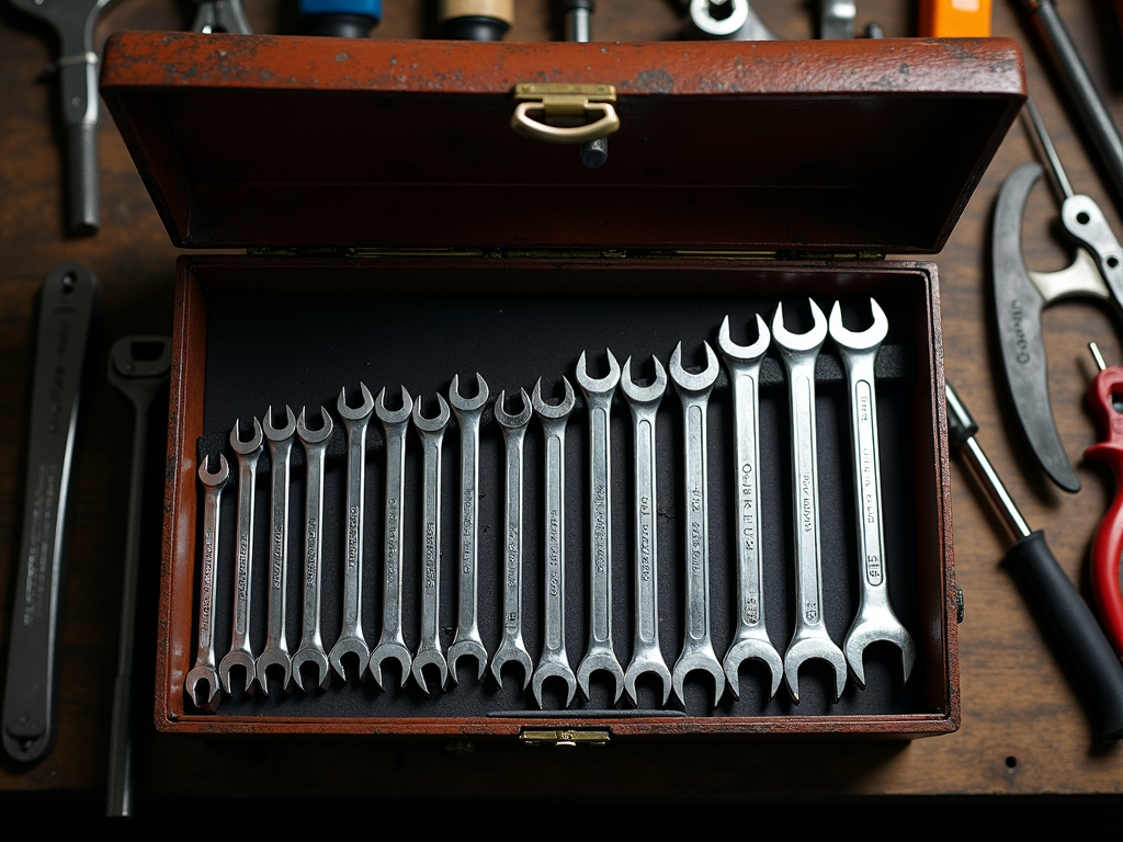 A set of combination wrenches in a toolbox