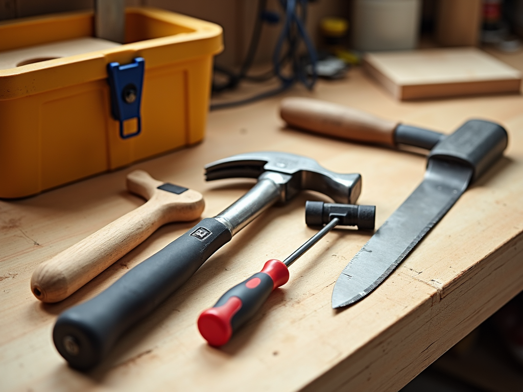 A tidy workbench with essential DIY tools in use.