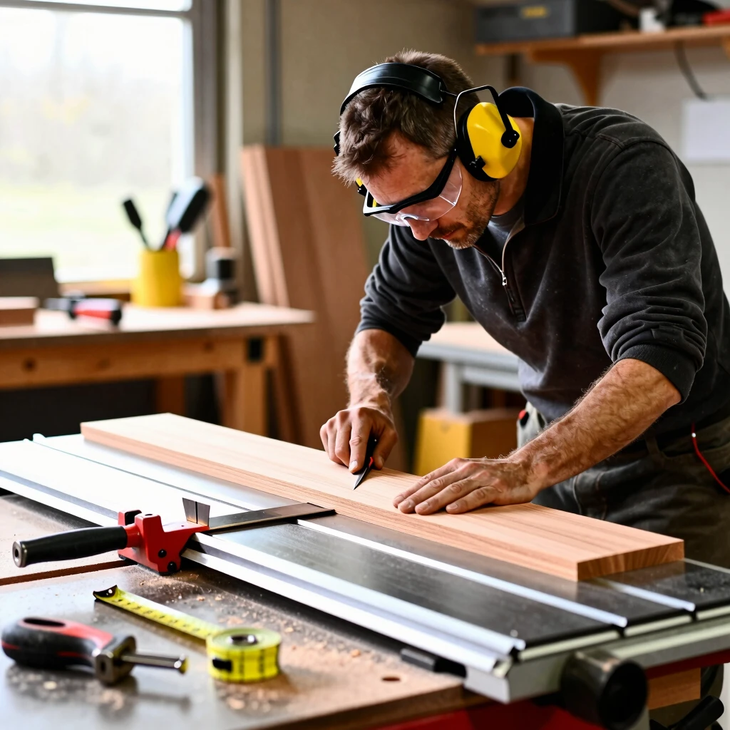 Woodworker aligning board on table saw in workshop
