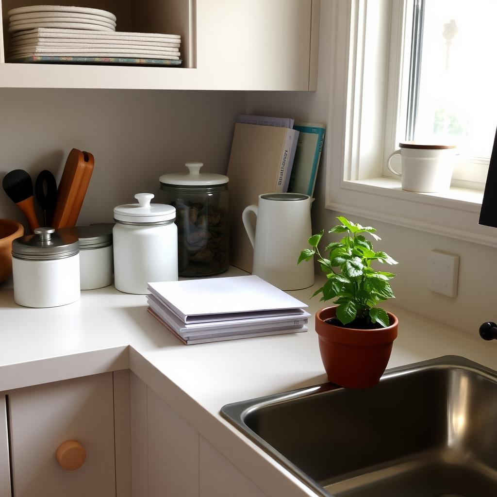 A tidy kitchen counter with organized canisters and a potted herb under natural light.