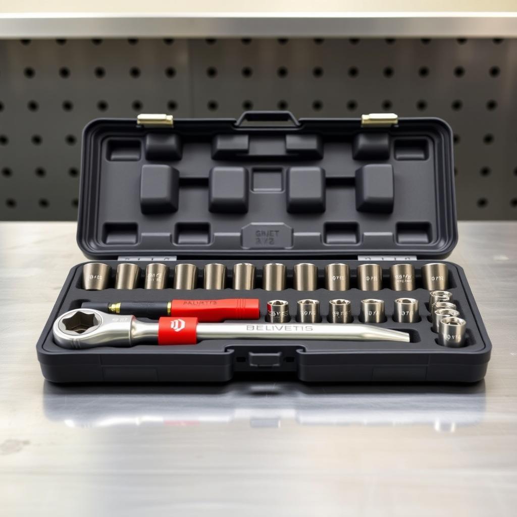 An open case of a 3/8-inch drive socket wrench set with a ratcheting handle and sockets on a metal workbench.