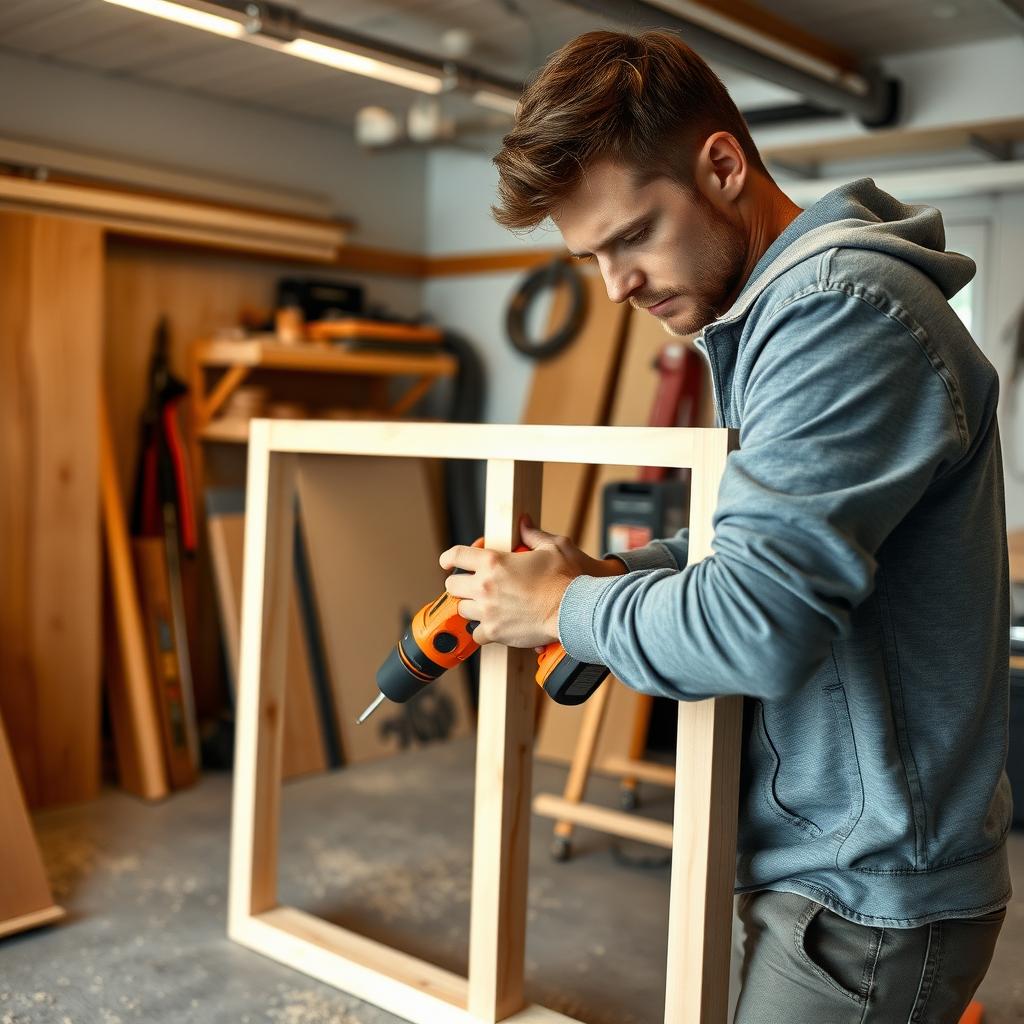 A beginner using a cordless drill for a DIY project in a garage workshop