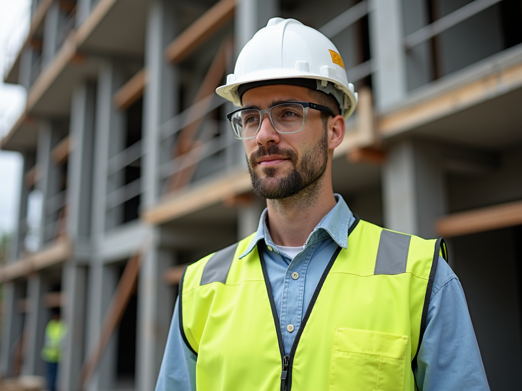 Construction worker in full safety gear on site