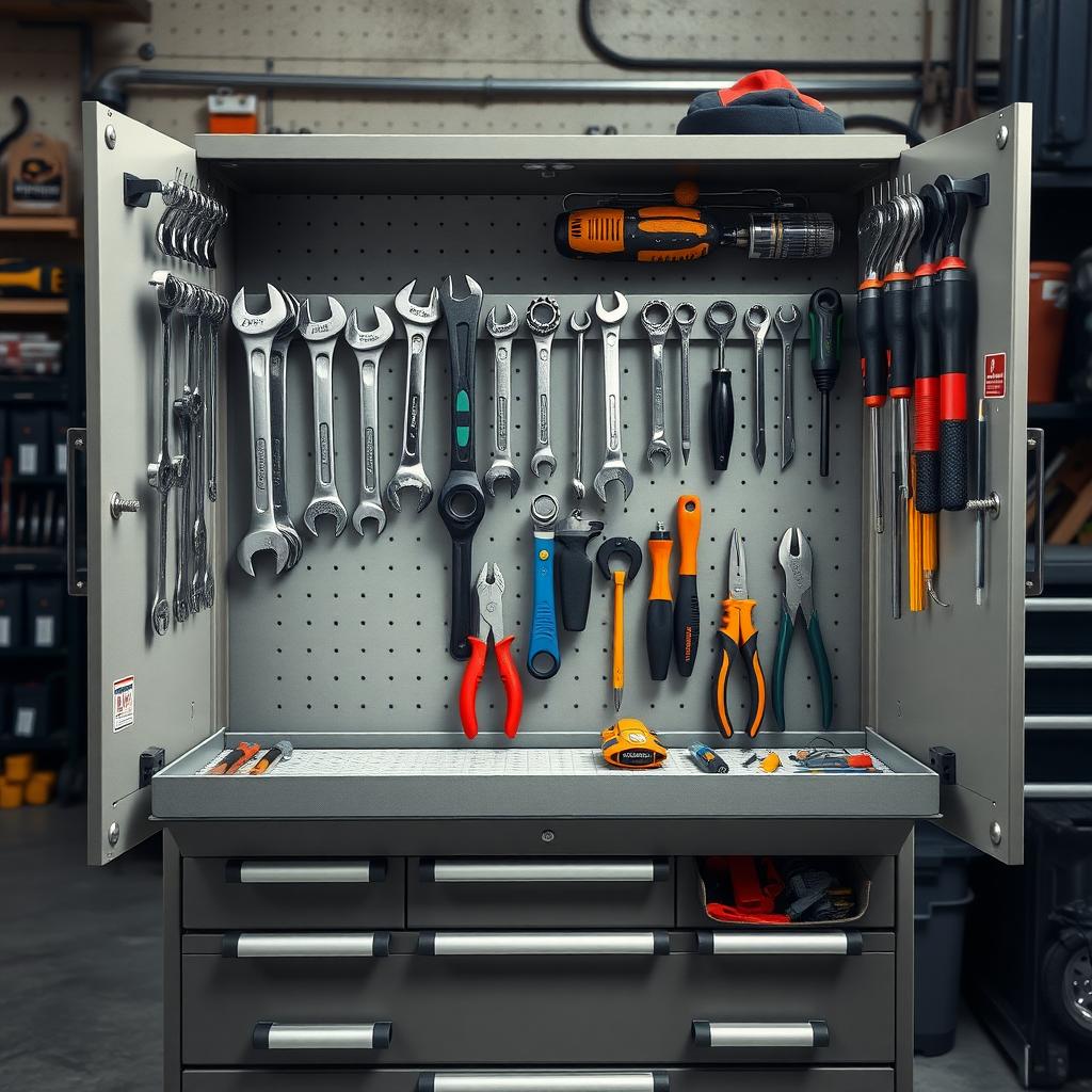 Organized tool cabinet with neatly arranged workman tools