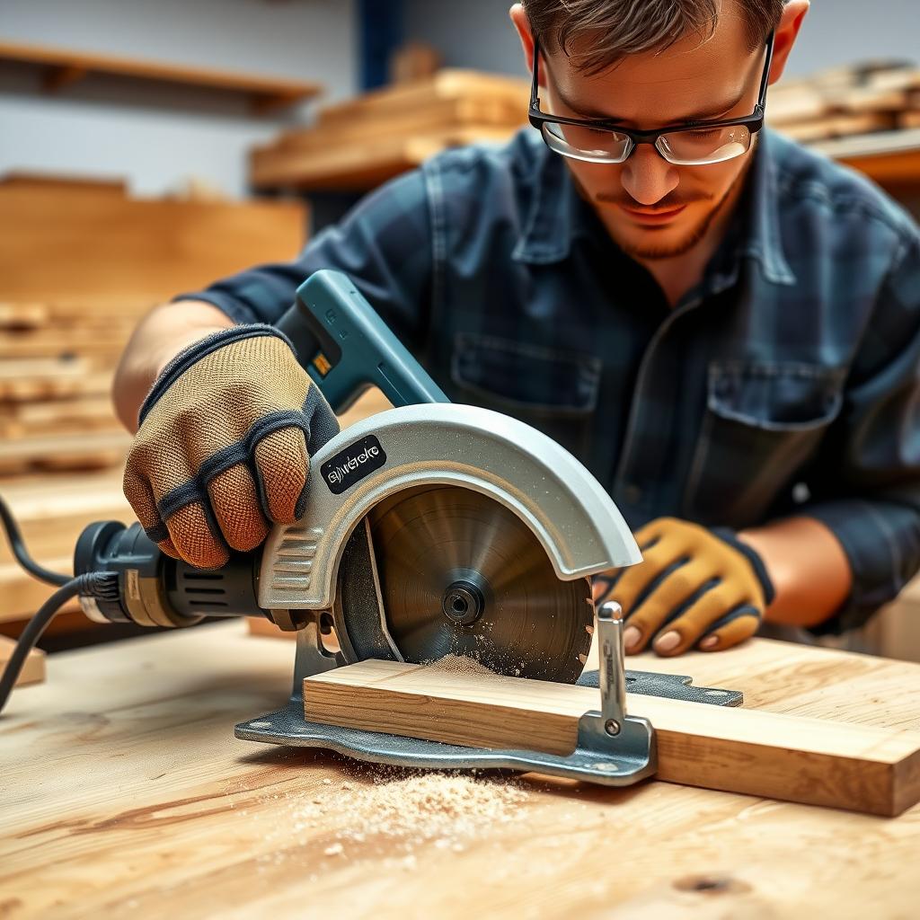 Beginner woodworker cutting wood with a circular saw in a tidy workshop.