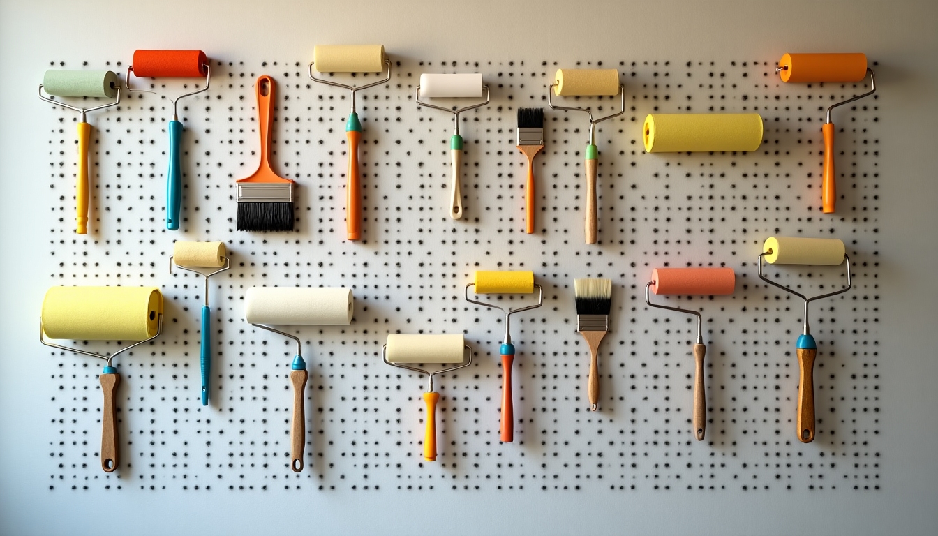 A pegboard organized with paintbrushes, rollers, and other painting tools.