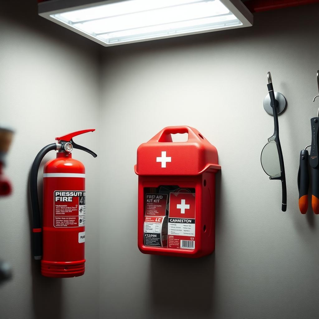 Workshop safety corner with fire extinguisher, first-aid kit, and safety glasses under bright LED lighting.