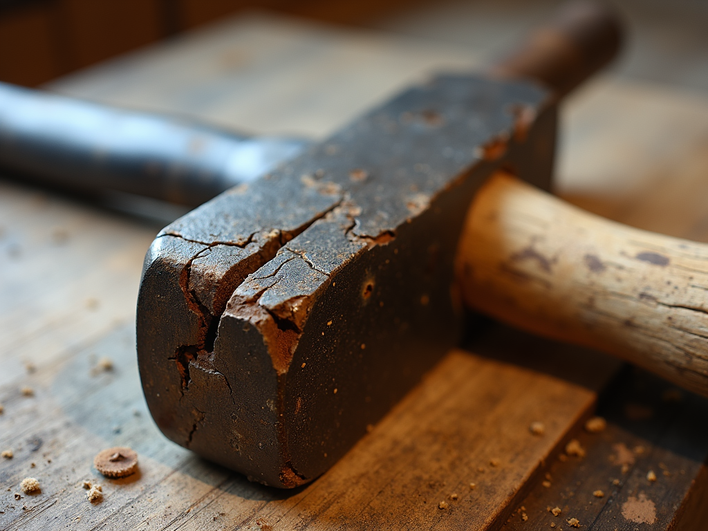 Cracked hammer handle on a workbench