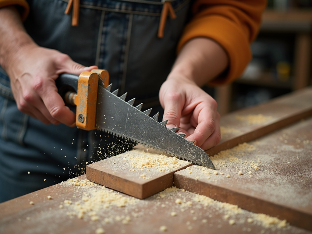 Sharpening a saw blade with a file.