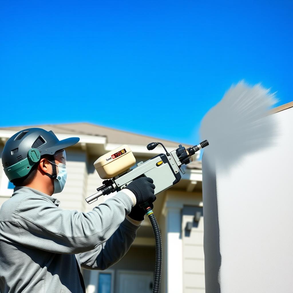 Painter using a high-tech sprayer on a modern house exterior