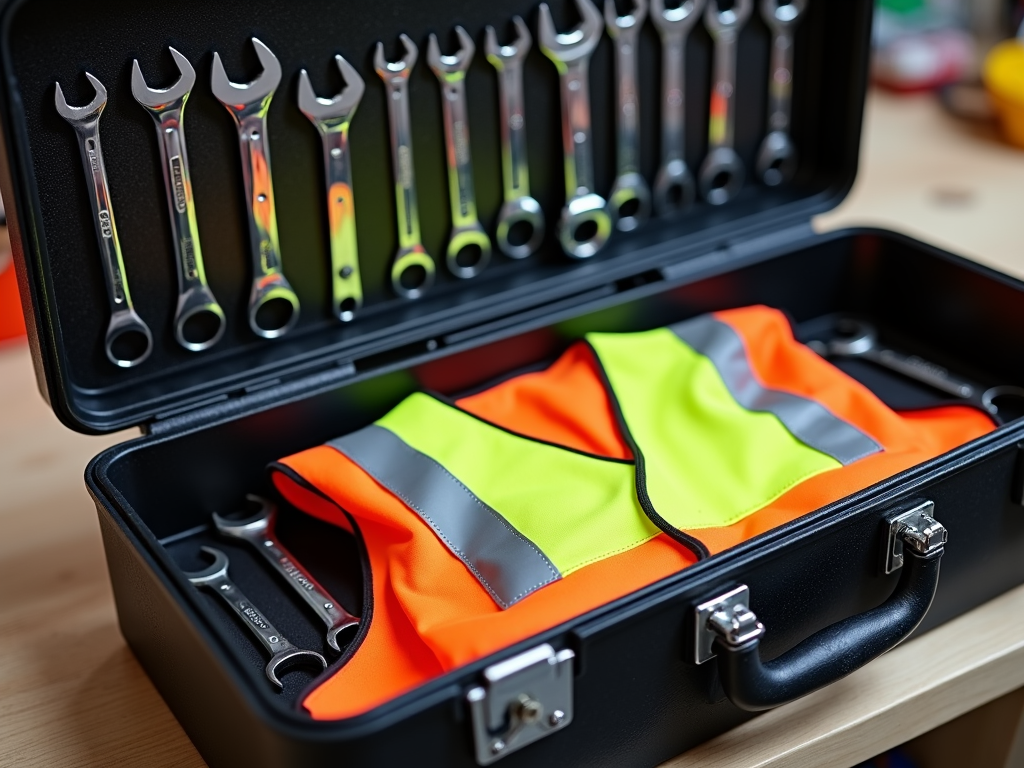 Toolbox with wrenches and safety vest