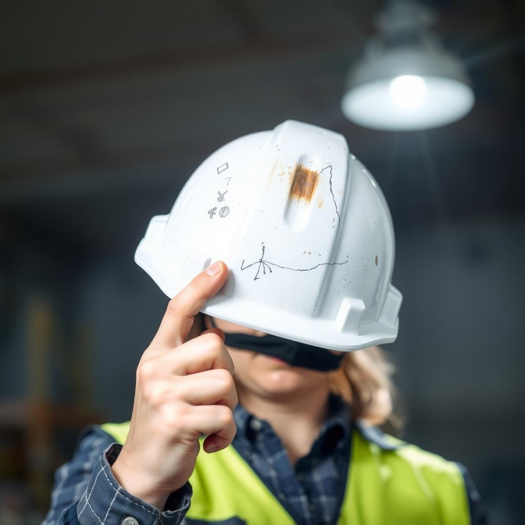 Worker inspecting a worn safety helmet.