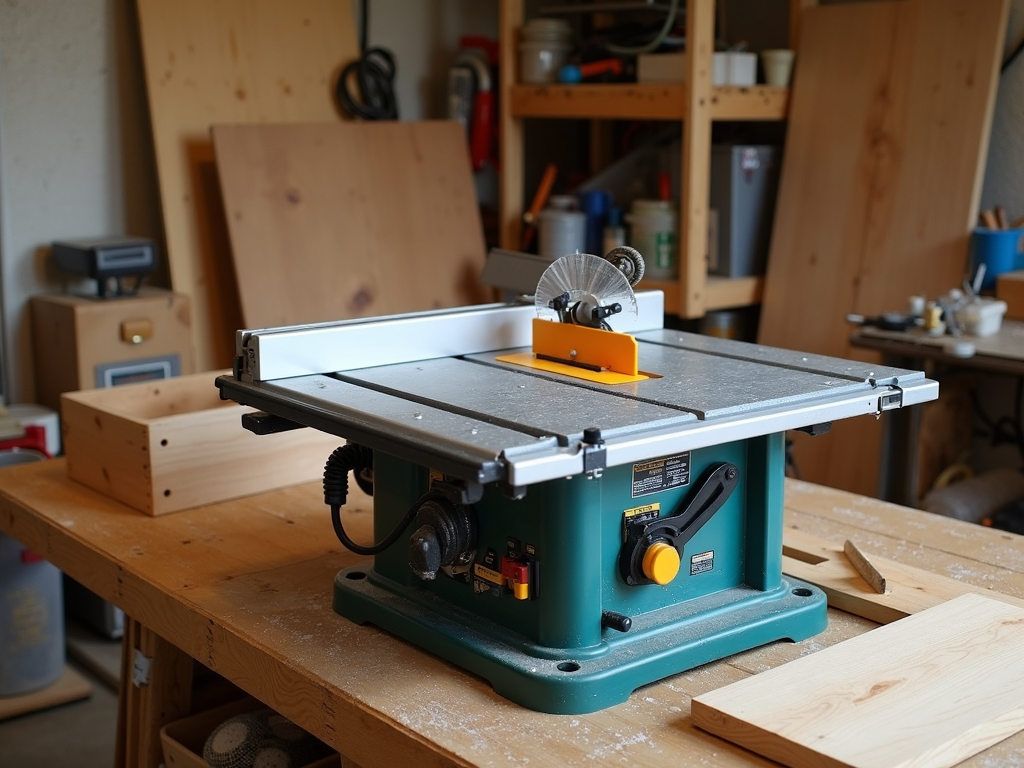 Benchtop table saw in a small garage